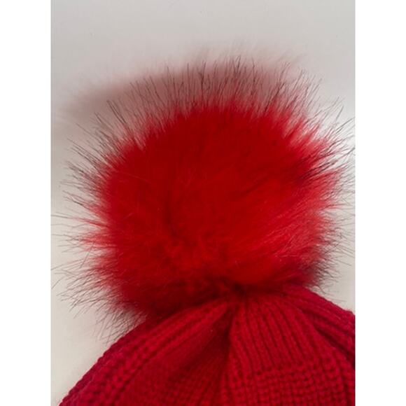 NYC Women's Red Ribbed Rhinestone Embellished Pom-Pom Faux Fur Lined Beanie SZOS - Picture 6 of 8